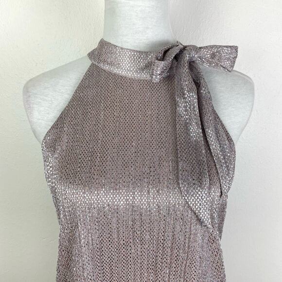 Parker | NWT Blush Pink Silver Metallic Tie Neck A-line Sleeveless Blouse - Picture 4 of 10